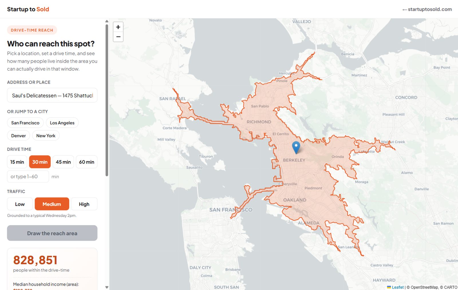 A drive-time reach area drawn around a Berkeley pin. Instead of a circle, the shape is lopsided and jagged, bulging along the freeways and pinching in at the bridges and hills. A readout shows 828,851 people inside.